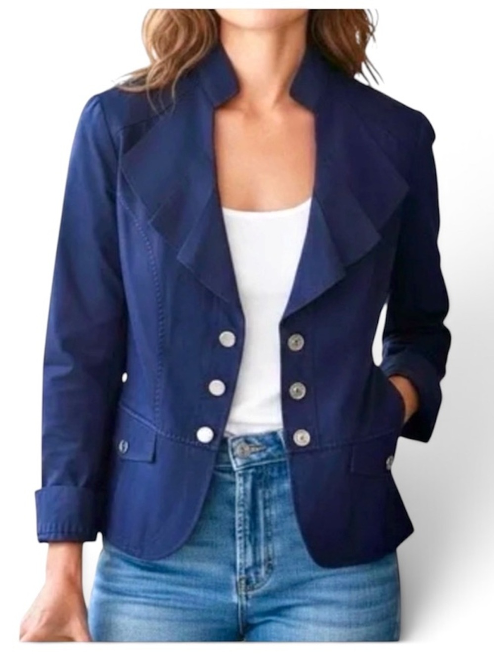 WHBM Dark blue tailored peplum jacket with silver buttons sz 4
